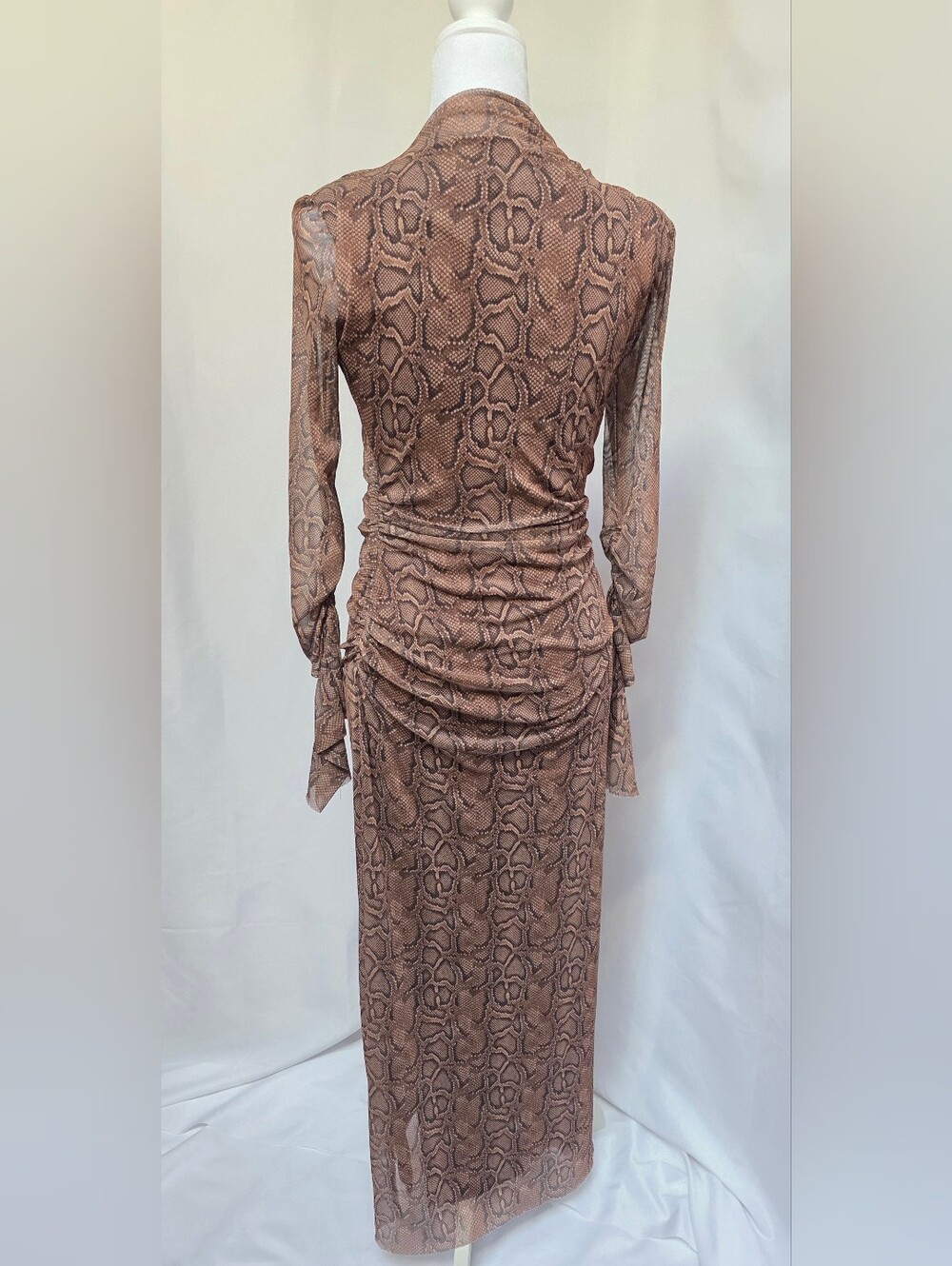 Zara Snake Print Ruched Maxi Dress Sheer Long Sleeve Size S - Picture 3 of 6